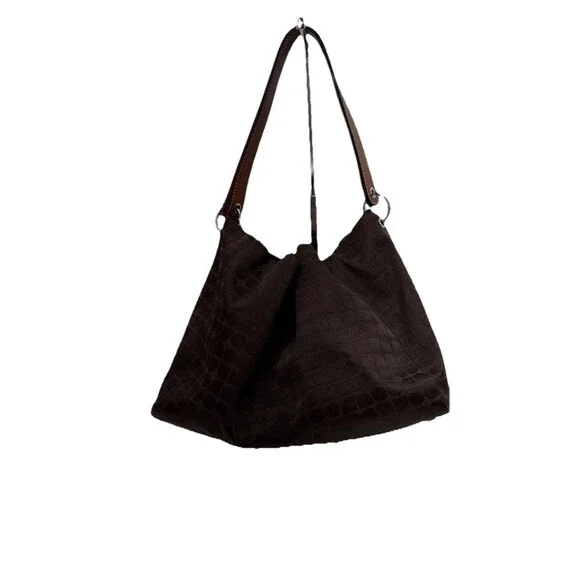 Vintage Kate Spade Brown Canvas Drawstring Bucket Bag Dot Geometric Print - Picture 3 of 13